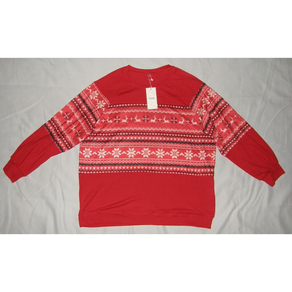 ENNO Red Sz XL Stretchy Christmas Reindeer Fair Isle Lightweight Sweater NEW